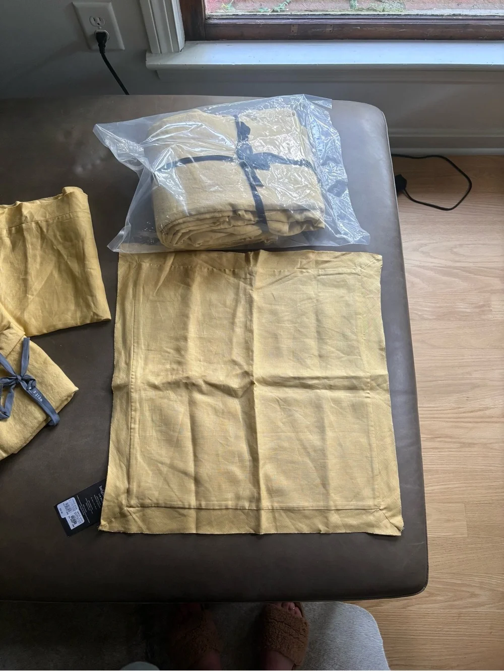 West Elm Linen Duvet Bedding Set in Mustard Yellow. 4 pillowcases 18” and 26”